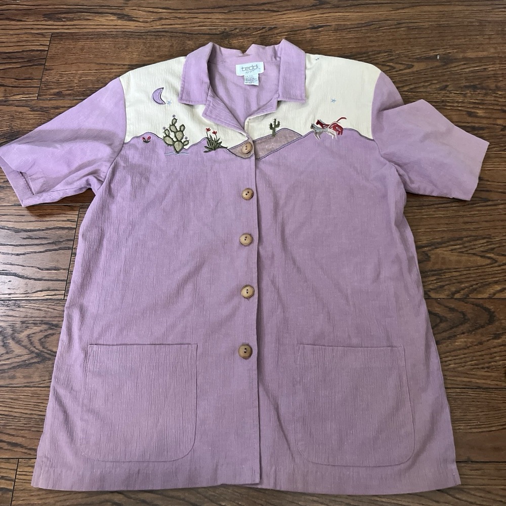 VTG Teddi Southwestern Desert Cactus Embroidered Short Sleeve Button Up Purple M